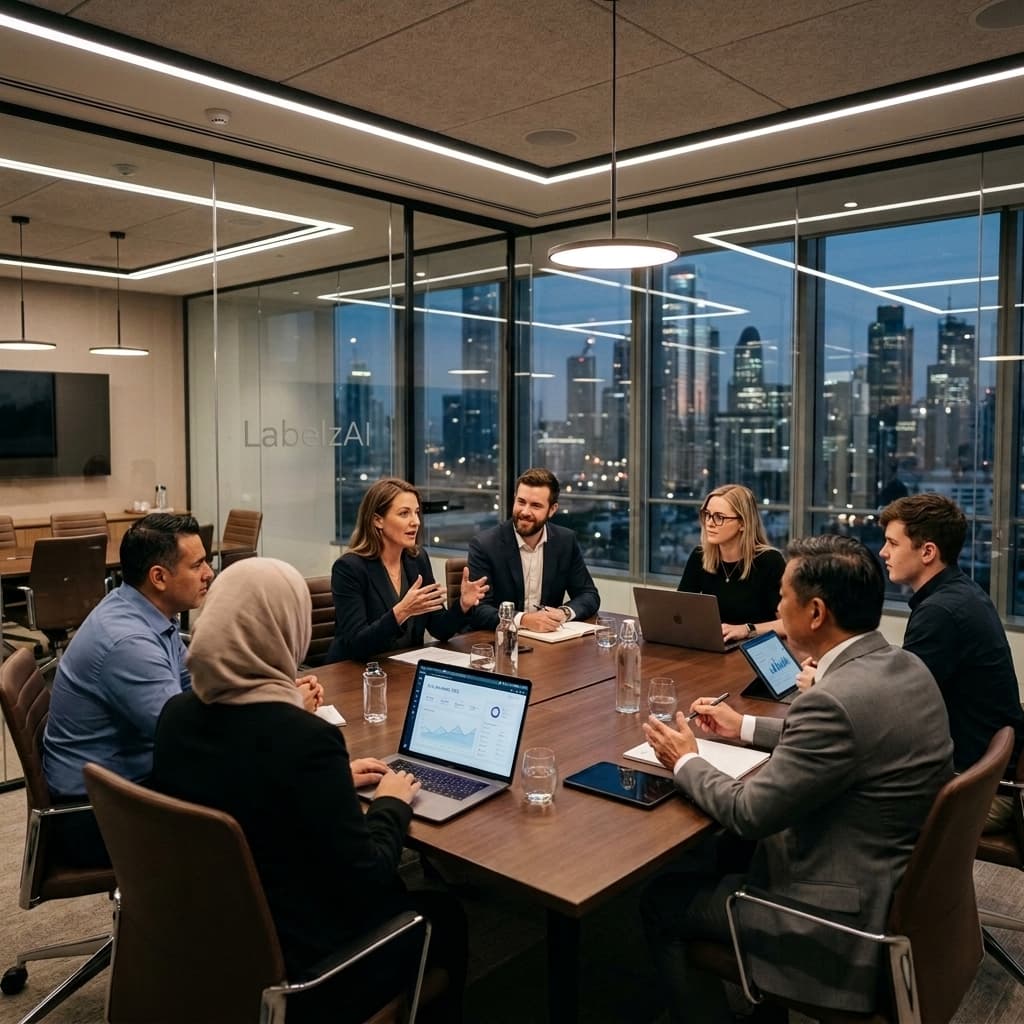 Professional team meeting in a high-tech corporate office