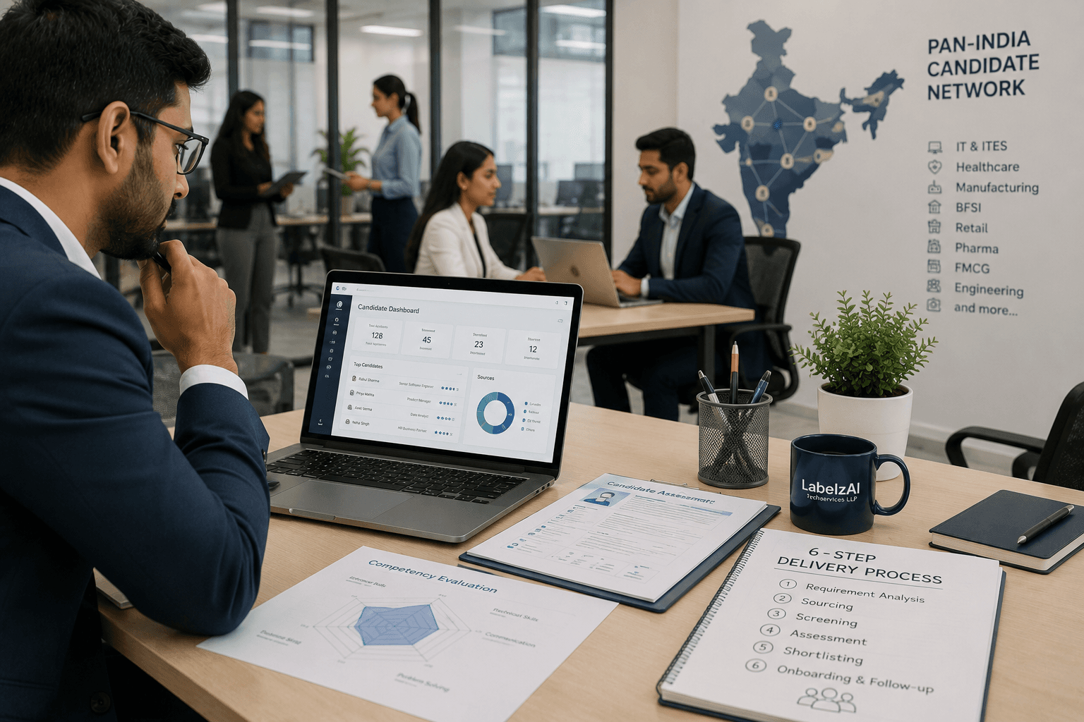Modern office environment with data analytics on screens